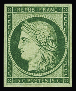 N°2 15c vert, neuf *, réparé sinon TB d'aspect