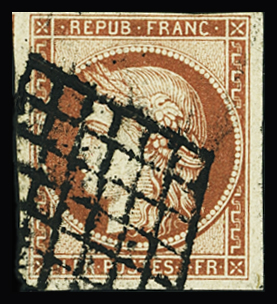 N°7 1f vermillon, obl. grille, TB. Signé Scheller +