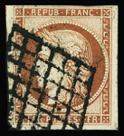 N°7 1f vermillon, obl. grille, TB. Signé Scheller +