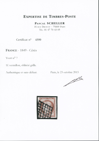 N°7 1f vermillon, obl. grille, TB. Signé Scheller +
