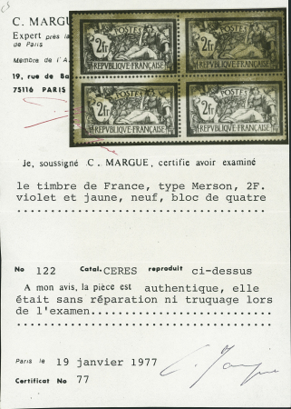 N°122 2f violet et jaune en bloc de 4, neuf **, TB.