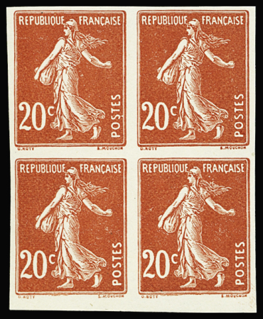 N°139 20c essai en rouge en bloc de 4, neuf sans gomme,