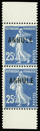 N°140-CI 3, 25c bleu (type II de carnet) en paire verticale,