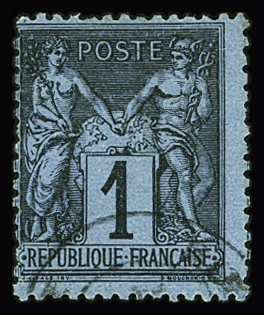 N°84 1c noir sur BLEU DE PRUSSE, obl. càd légère, infime