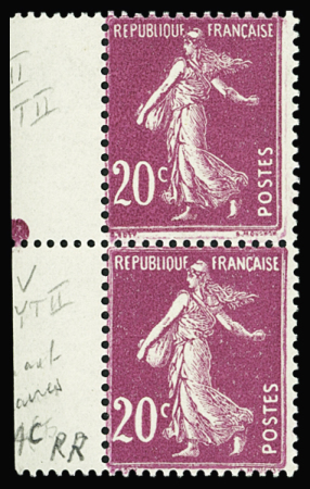 N°190e 20c lilas-rose type III et V se tenant verticalement