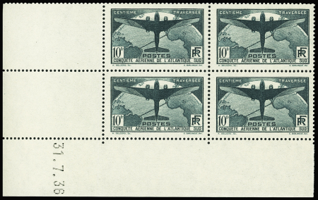 N°321 10f Atlantique Sud en bloc de 4, coin daté 31.07.1936,