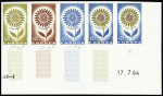 Bande de 5 du timbre 25ct Europa France 1964, avec