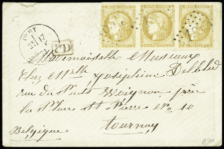 Rare bande de trois du n°43A 10c bistre obl. GC sur