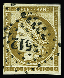 N°1a 10c bistre-brun obl. PC 3512 de Vendeuil (Aisne),