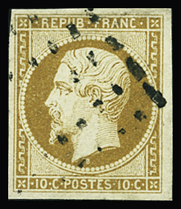 N°9 10c bistre-jaune obl. gros points, TB. Signé A.Brun
