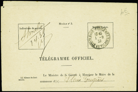 Télégramme officiel du Ministère de la guerre aux maires avec texte partiellement imprimé : "Ordre de mobilisation"