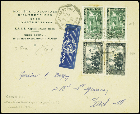 Algérie n°107 en paire + n°114, 2 pièces, obl hex "La Senia aéroport Oran" (1.9.1939 - n'a fonctionné qu'un seul jour, fermé le 2 sept du fait de la mobilisation)