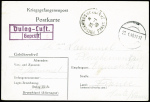 Kriegsgefangenenpost Postkarte écrite par un aviateur français prisonnier avec cachet rect violet "Dulag-Luft gepruft" avec CAD prisonnier de guerre