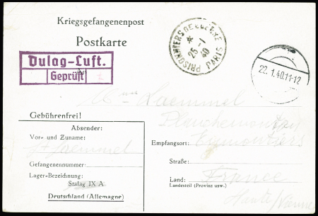 Kriegsgefangenenpost Postkarte écrite par un aviateur français prisonnier avec cachet rect violet "Dulag-Luft gepruft" avec CAD prisonnier de guerre