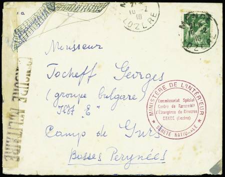 N°432 obl Mende Lozère (1940) sur lettre d'une internée bulgare avec cachet rouge