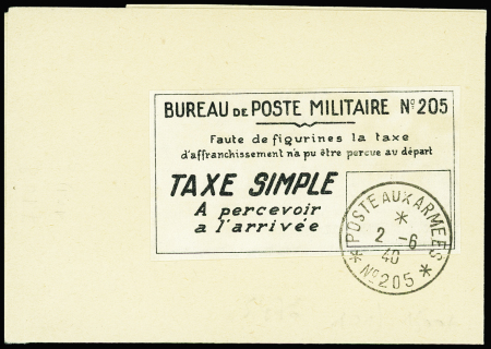 Feuillet avec étiquette "Bureau de poste militaire n°205 taxe simple à percevoir à l'arrivée" obl CAD "Poste aux armées n°205" (2.6.1940 - Narvik)
