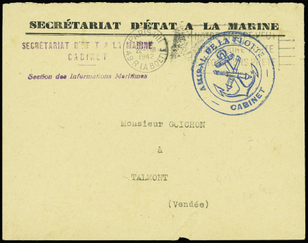 Env. PTT rec avec CAD bleu "Bureau central naval ministère" (29.6.1940) + griffe bleue idem, rarissime