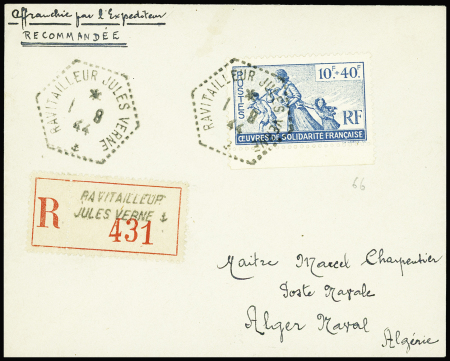 France Libre n°66 obl hex "Ravitailleur Jules Verne" (1.8.44) sur lettre recommandée pour Alger naval. TB