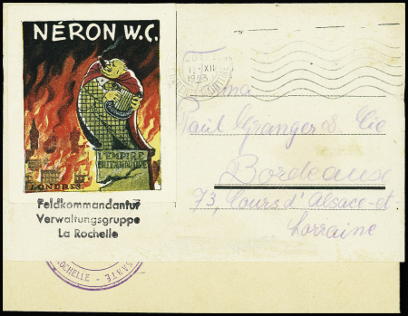 Lettre en franchise avec étiquette en couleurs "Néron WC" (caricature de Churchill devant Londres en feu) avec griffe noire