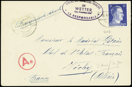 Allemagne n°717 sur lettre avec cachet ovale violet "Amicale des travailleurs français de Wetter Gau Westfalen sud - le responsable"