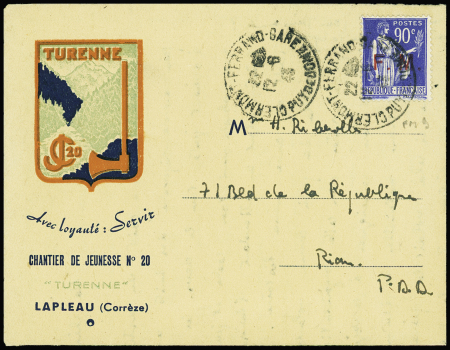 FM n°9 obl Clermont-Ferrand gare (1943) sur carte lettre à en-tête illustrée "Turenne chantier de jeunesse n°20 Lapleau (Corrèze), jolie pièce  rare