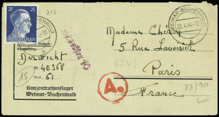 Allemagne n°717 obl Buchenwald (28.4/44) sur env d'un déporté français avec en-tête "Konzentrationslager Weimar - Buchenwald" et griffe violette