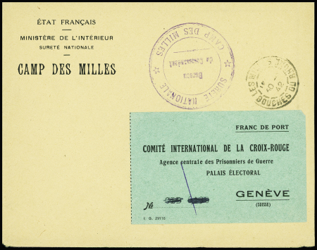 Lettre en franchise avec en-tête "Etat français ministère de l'intérieur sureté nationale Camp des Milles" et cachet violet