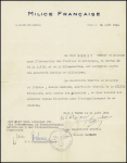 Document A4 à en-tête "Milice Française - le secrétaire général" (Paris 11 aout 1944) : accrédiatiion pour évacuer les familles de miliciens