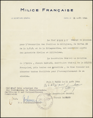Document A4 à en-tête "Milice Française - le secrétaire général" (Paris 11 aout 1944)  : accrédiatiion pour évacuer les familles de miliciens
