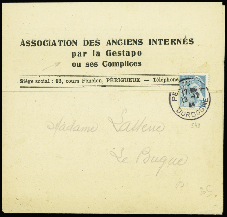 N°548 obl Périgueux Dordogne (18.12.44) sur circulaire à en-tête "Association des anciens internés par la Gestapo et ses complices". TB