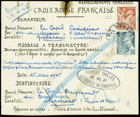 Rare petit message Croix-Rouge de fortune AFF n°549 + 652 obl Vannes Morbihan (1945) de Quiberon pour Ermont avec cachet ovale noir de censure