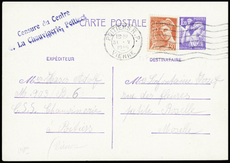 N°547 obl mec "Poitiers RP Vienne" (31.5.45) sur entier carte ppostale 1F20 Iris violet avec griffe bleue "Censure du centre de la Chauvinerie, Poitiers"