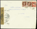 N°514 + 517 en paire obl Figeac Lot (31.8.44) sur lettre pour l'Espagne avec bande de censure kraft + cachet noir "secteur 3 FTPF Lot FFI"