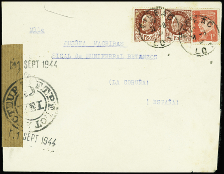 N°514 + 517 en paire obl Figeac Lot (31.8.44) sur lettre pour l'Espagne avec bande de censure kraft + cachet  noir "secteur 3 FTPF Lot FFI"