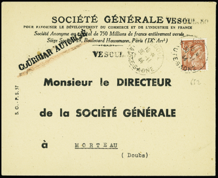 N°652 obl Vesoul (30.11.44) sur lettre pour Morteau (Doubs) avec griffe "Courrier autorisé". Rare et TB