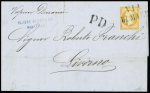 N°16 obl grande griffe noire "Via di Mare" + grand "PD" en noir (Salles n°673) sur lettre de Marseille pour Livourne, ind 24. RR et TB