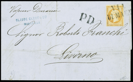 N°16 obl grande griffe noire "Via di Mare" + grand "PD" en noir (Salles n°673) sur lettre de Marseille pour Livourne, ind 24. RR et TB