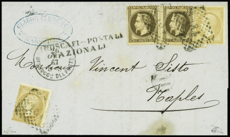 N°21, 2 pièces + n°30, 2 pièces obl rect de points 184 + CAD "Napoli UF° SUCCle del Porto" (1867) sur lettre pour Naples (Salles n°696). TB