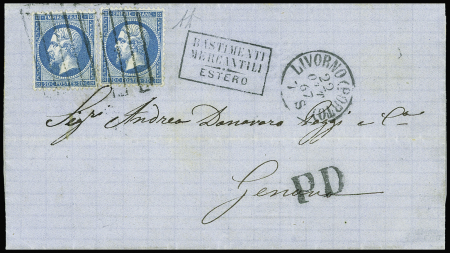 N°22, 2 pièces obl 5 barres de Livourne + CAD "Livorno (Porto)" (1867) + griffe noire encadrée "Bastimenti mercantili estero" (Salles n°675)