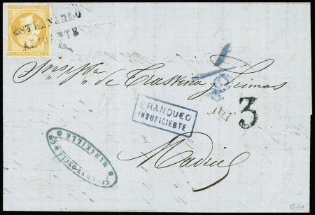 N°23 obl linéaire noire "Estrangero Alicante" sur lettre de Marseille pour Madrid (Salles n°631) avec griffe encadreé bleue "Franqueo insuficient"