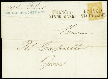 N°23 obl griffe noire "Francia di Mare" répétée à côté (Salles n°659) sur lettre pour Gênes avec mention manuscrite "PR le Blidah", ind 20. TB