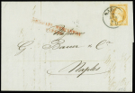 N°23 obl petit CAD "Napoli" (1865) sur lettre de Marseille pour Naples avec griffe rouge "Piroscafi mercantili estero" (Salles n°692 + 693). RR et TB