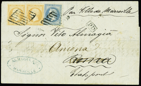 N°23 en paire + n°29 obl grille Ciita-Vecchia sur lettre de Marseille pour Rome réexpédiée à Ancone (Salles n°684). Rare et TB
