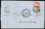 N°23 obl "2" entre 8 barres + CAD "ADMon de Cambio Barcelona 3 Ctos" (1865 - Salles n°614) sur lettre de Marseille pour Barcelone, ind 21. TB