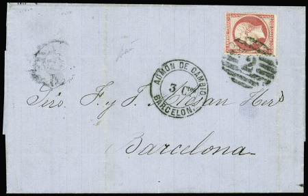 N°23 obl "2" entre 8 barres + CAD "ADMon de Cambio Barcelona 3 Ctos" (1865 - Salles n°614) sur lettre de Marseille pour Barcelone, ind 21. TB