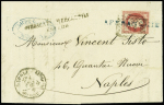 N°24, 80c rose, obl rect de points 184 + cAD "Napoli UF° SUCCle del Porto" (1869) + griffe bleue "affranchie" (Salles n°695) sur lettre de Marseille