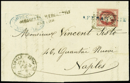 N°24, 80c rose, obl rect de points 184 + cAD "Napoli UF° SUCCle del Porto" (1869) + griffe bleue "affranchie" (Salles n°695) sur lettre de Marseille
