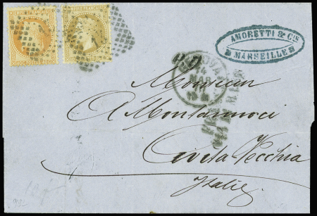 N°28 + 31 obl rect de points "13" + CAD "Genova" (1870) sur lettre de Marseille pour Civita-Vecchia. Rare et TB