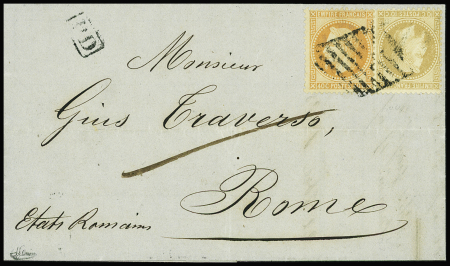 N°28 + 31 obl grille de Civita-Vecchia sur lettre de Marseille pour Rome (Salles n°684). TB