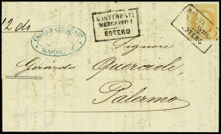 N°31 obl cachet rect noir "Bastimenti mercantili estero" répété à côté sur lettre de Marseille pour Palerme (Salles n°679), ind 34. RRR et TB